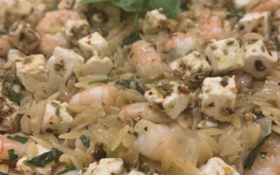 ORZO WITH PRAWNS, PRESERVED LEMON, HERBS AND MARINATED FETA