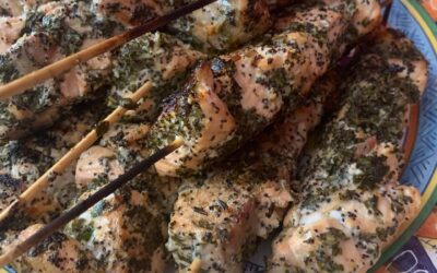 LEMON AND HERB MARINATED SALMON SKEWERS WITH GREEN SAUCE
