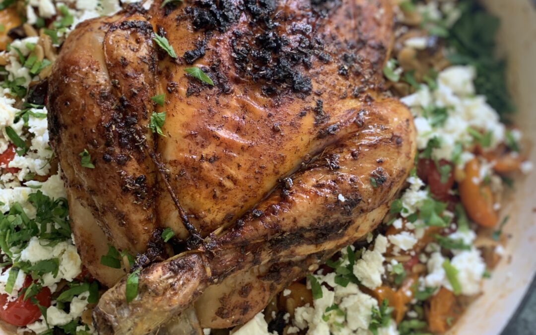 HERB ROASTED CHICKEN WITH ORZO, AUBERGINE, TOMATO AND FETA