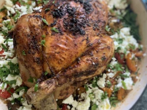 Herb-roasted-chicken-with-orzo-aubergine-tomato-and-feta