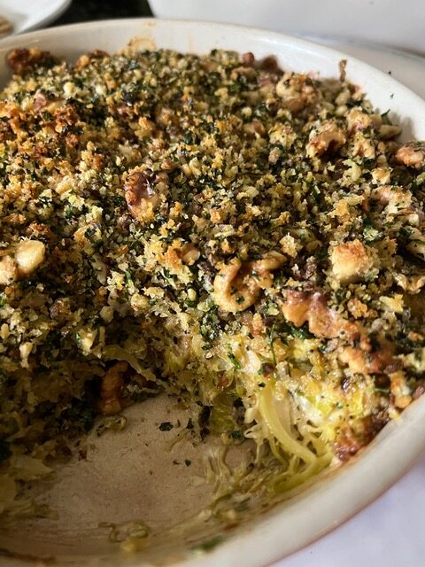 Sprout Gratin with a Parsley and Walnut Crumb