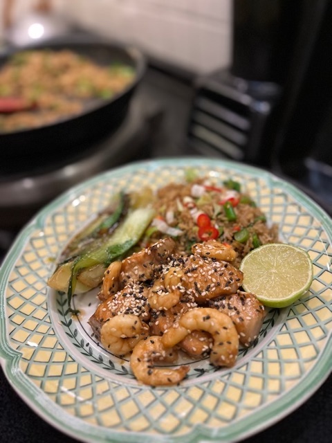 Sesame Salmon and Prawns with Egg Fried Rice