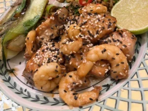 Sesame-Salmon-and-prawn-with-egg-fried-rice
