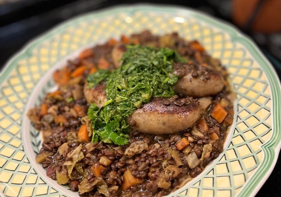 Sausages with Braised Lentils and Quick Salsa Verde
